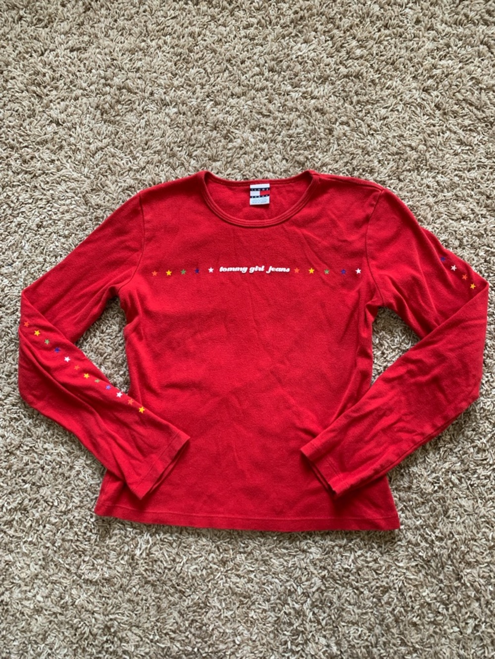 Vintage 90s Women’s Tommy Jeans Red Long Sleeve Star Cotton Baby Tee Large